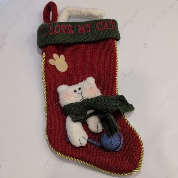 Chunky Knit Embroidered I Love My Cat Red And Green Christmas Stocking - Picture 1 of 9